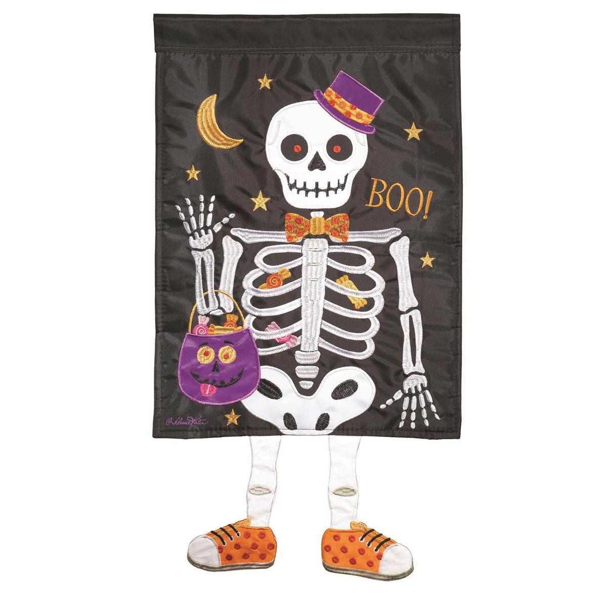Large Crazy Leg Halloween Skeleton Legs Banner Flag featuring vibrant applique skeleton legs, displayed outdoors for Halloween festivities.