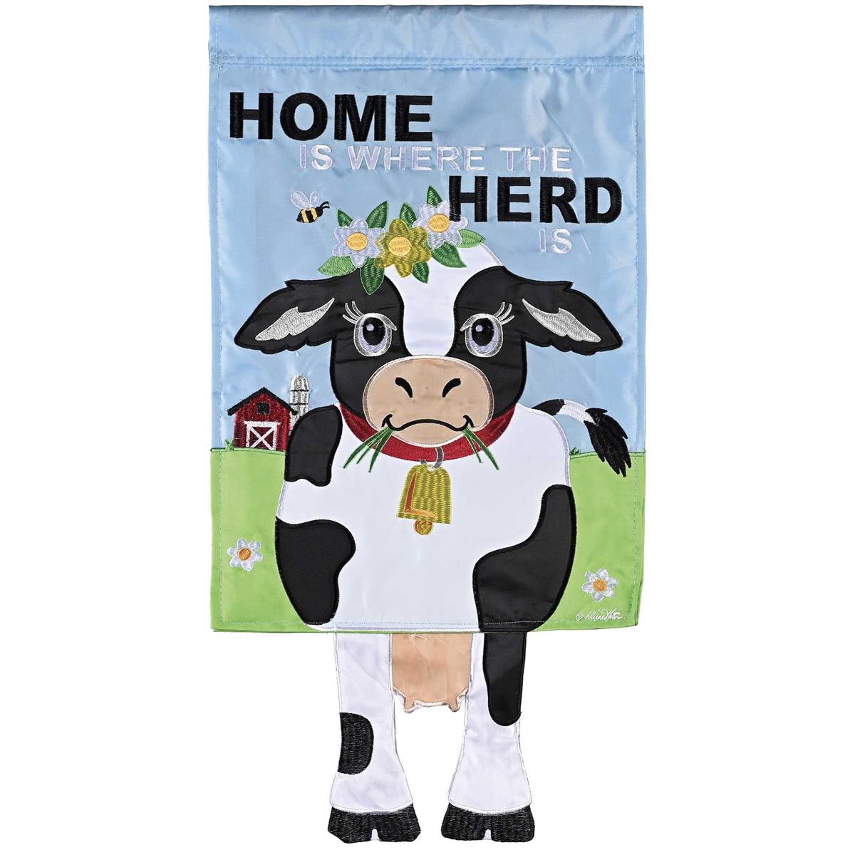 Large Crazy Leg Home Is Where The Herd banner flag featuring playful dangling legs displayed outdoors, showcasing vibrant colors and detailed applique design.