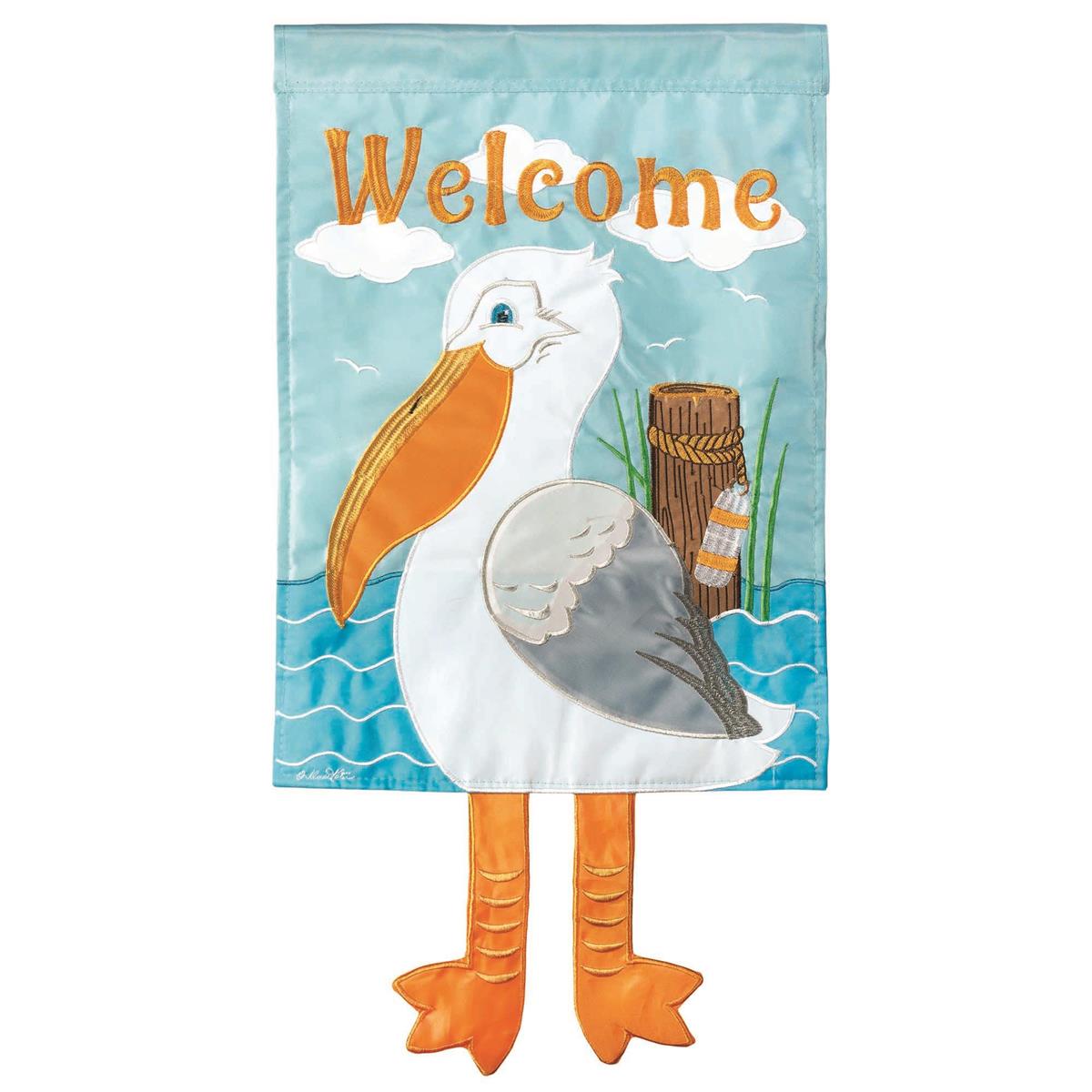 Large Crazy Leg Pelican Welcome Banner Flag, 20x29 inches, features a vibrant pelican design with dangling legs, displayed in a garden setting.