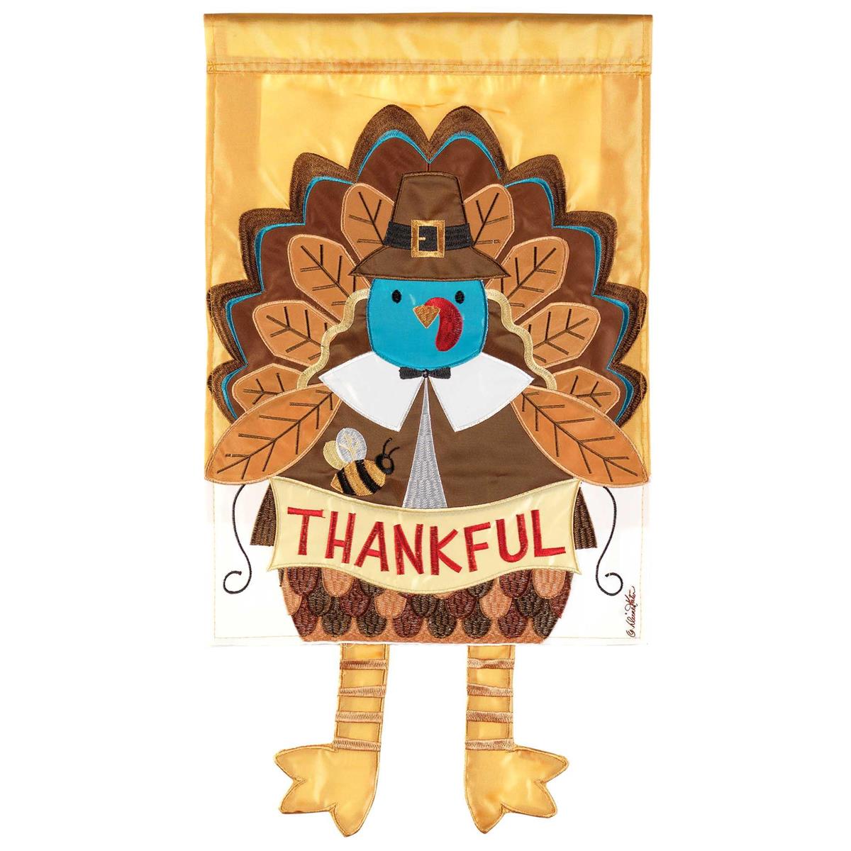 Large Crazy Leg Turkey Thankful Banner Flag showcasing a colorful turkey design with dangle legs, displayed outdoors in a festive setting.