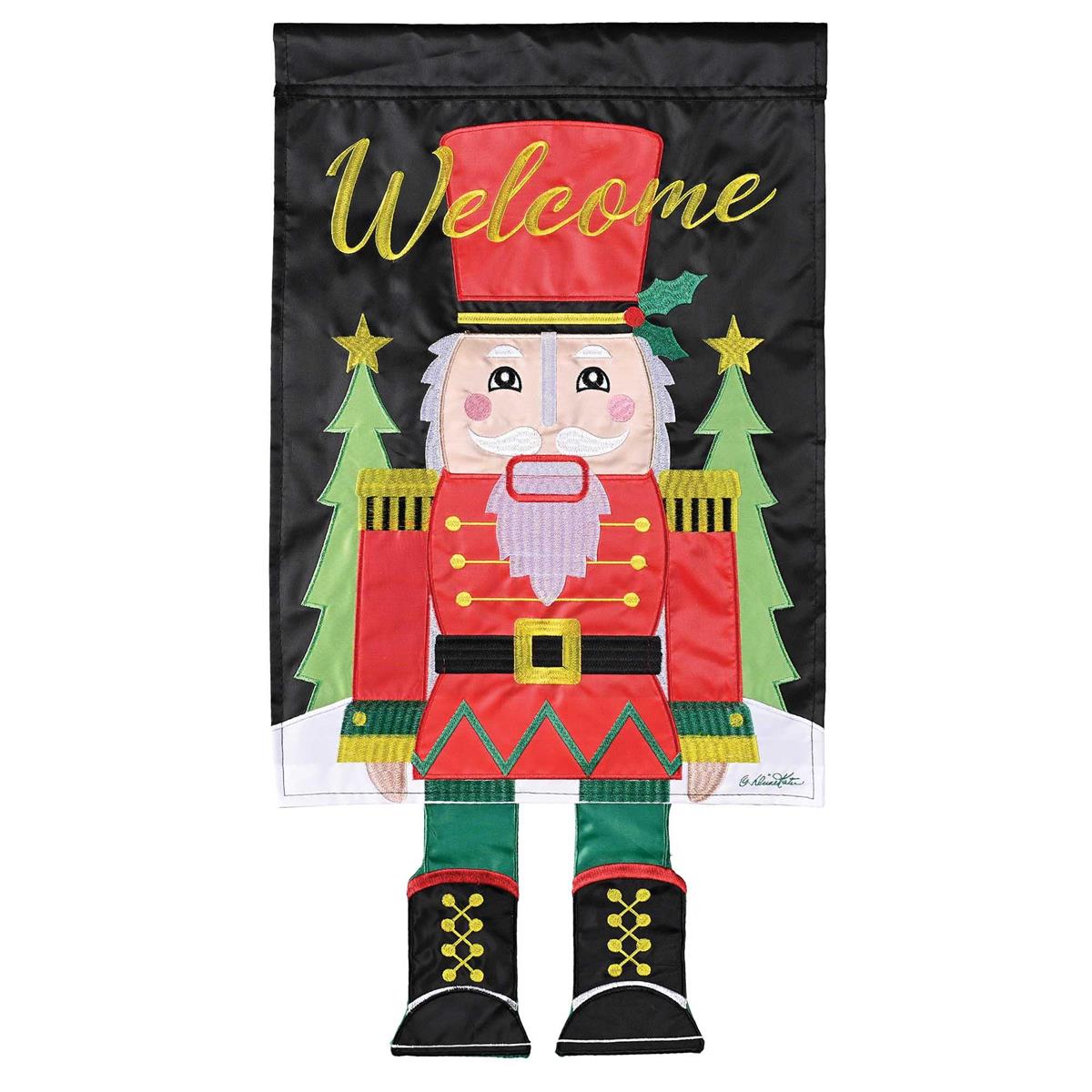 Large Crazy Leg Welcome Nutcracker Banner Flag displayed outdoors, showcasing colorful nutcracker design and playful hanging legs in a festive setting.