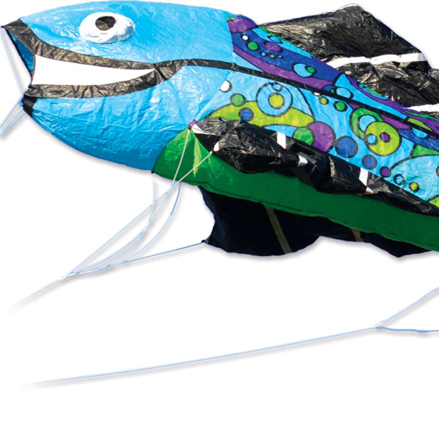 Large Flying Fish Kite - Cool Orbit soaring in a bright blue sky, measuring 11 ft. long, with vibrant colors depicting fish design for outdoor fun.