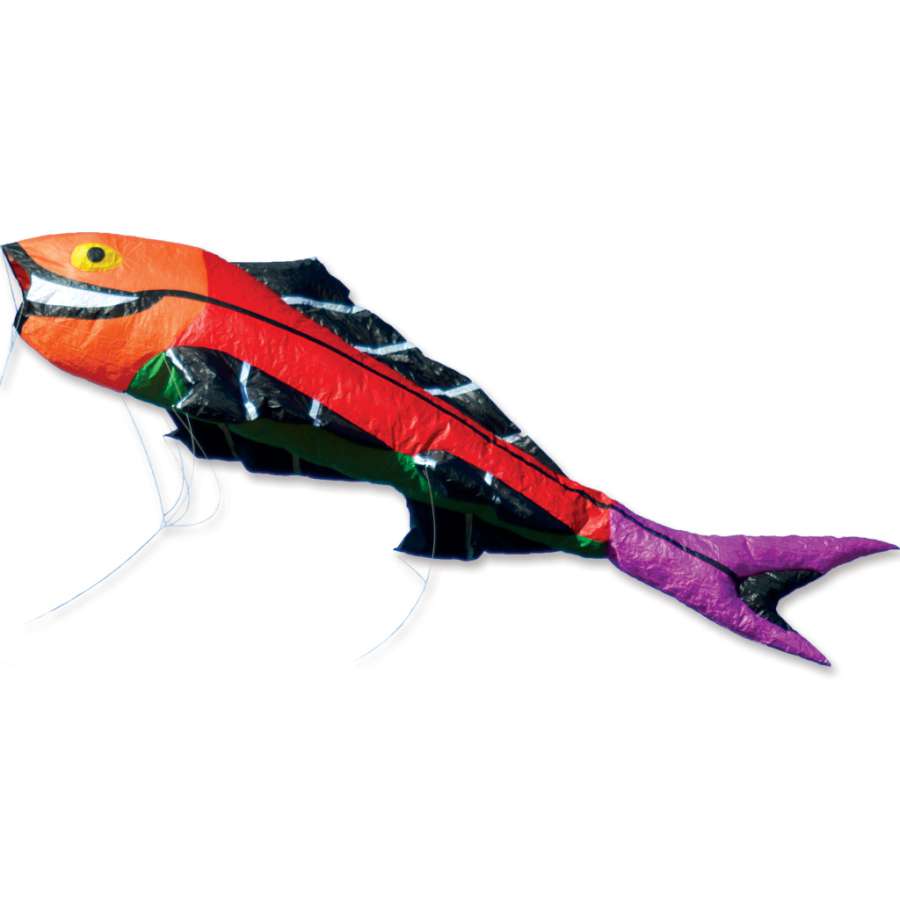 Large Flying Fish Kite - Rainbow measuring 11 ft. long displayed against a clear blue sky, soaring gracefully during an outdoor event.