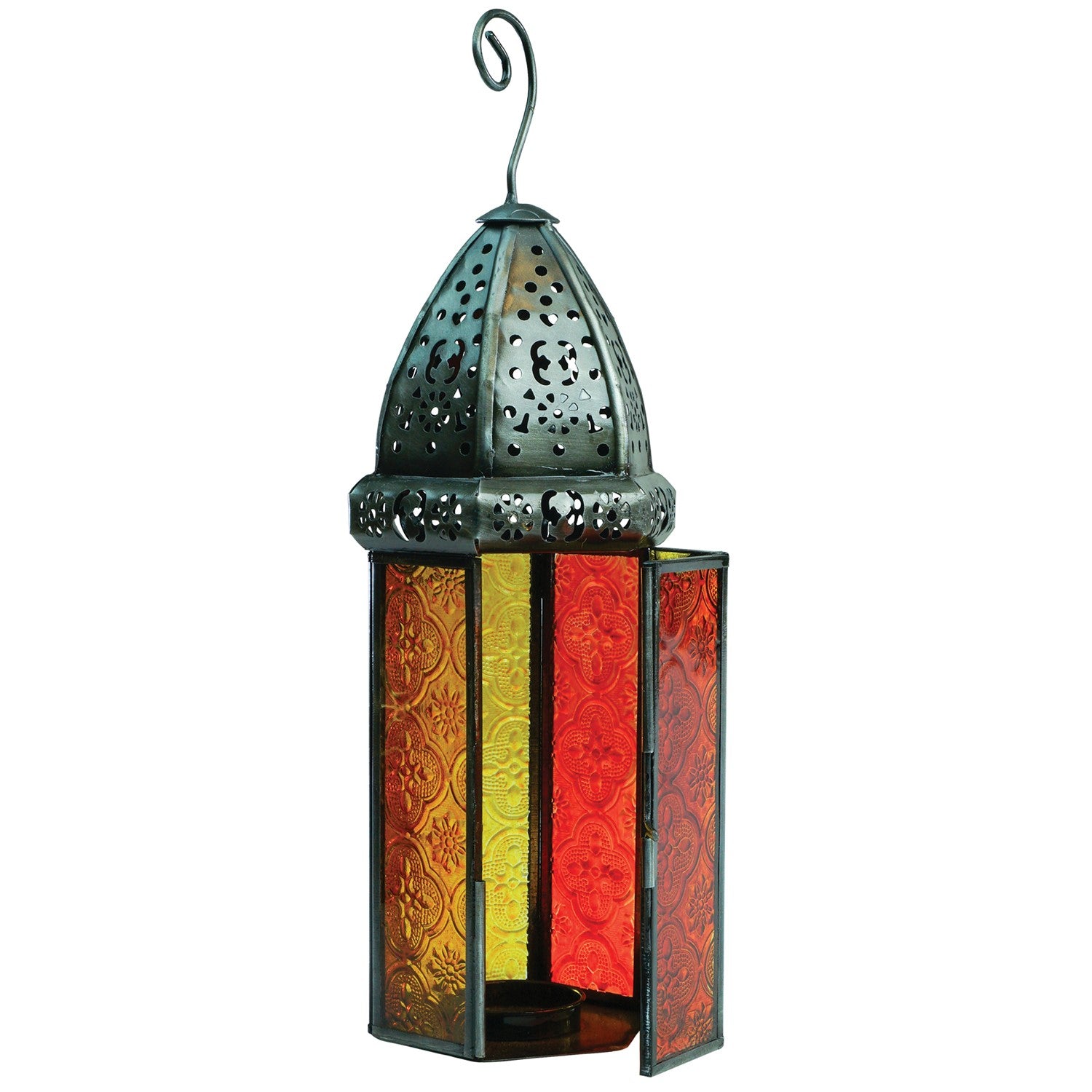 Large Orange & Yellow Hex Glass Tealight Lantern with stamped glass panels and metal accents hanging in an outdoor garden setting.