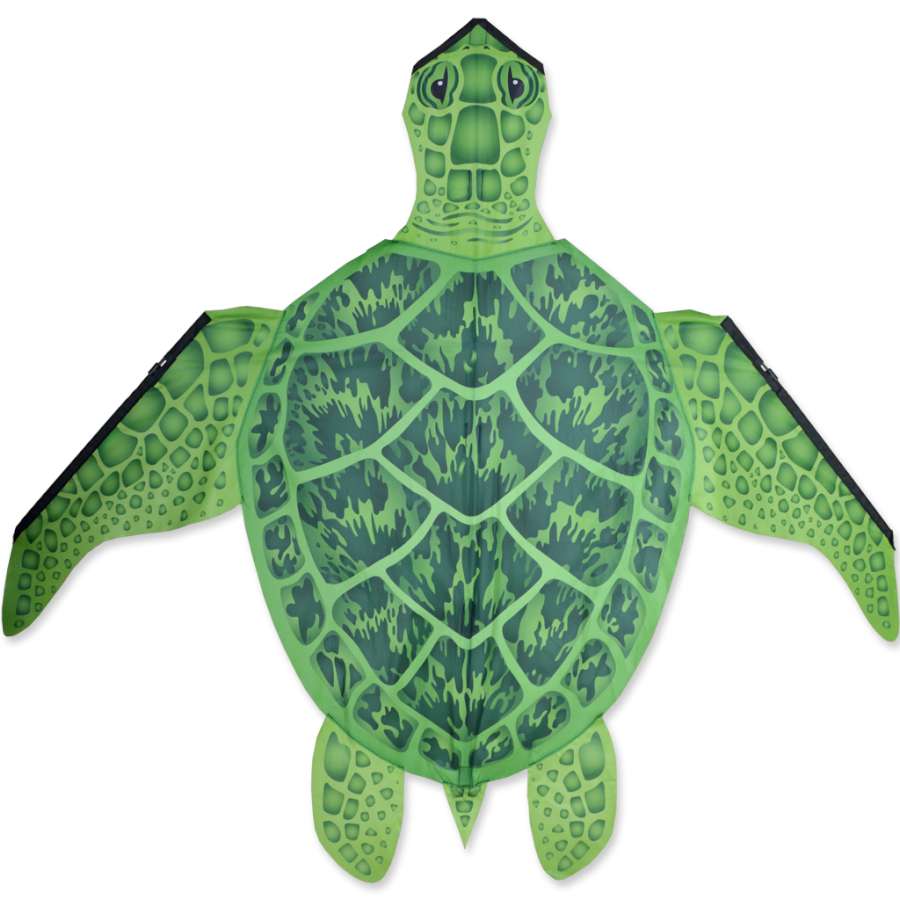 Large Sea Turtle Kite designed with vibrant colors, measuring 65 x 54 inches, flying against a blue sky at a park.