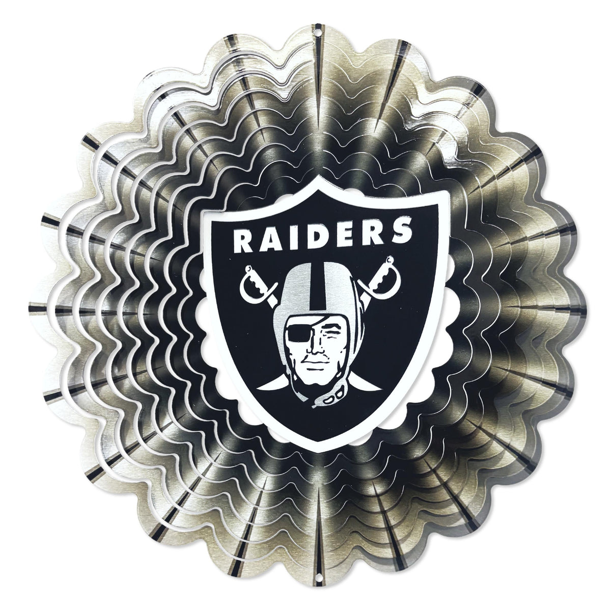 Las Vegas Raiders 12-inch wind spinner featuring bold team graphics, elegantly displayed in a garden setting with gentle breezes stirring it.