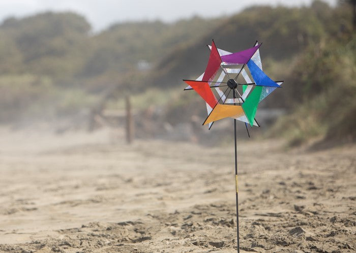 Laser Rainbow Kaleidoscope Ground Spinner featuring two colorful wheels spinning in a garden setting, designed for vibrant outdoor display.