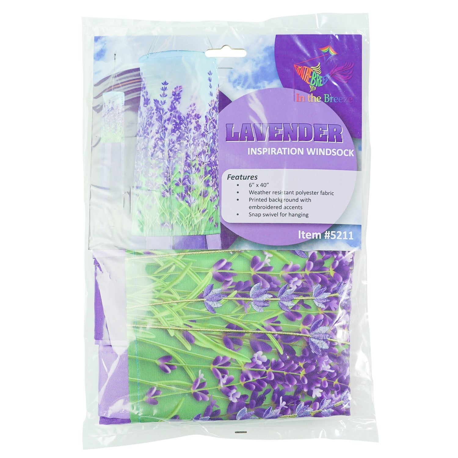 Lavender 40' Inspiration Windsock featuring vibrant colors and detailed designs, gracefully hanging outdoors ready to catch the breeze.