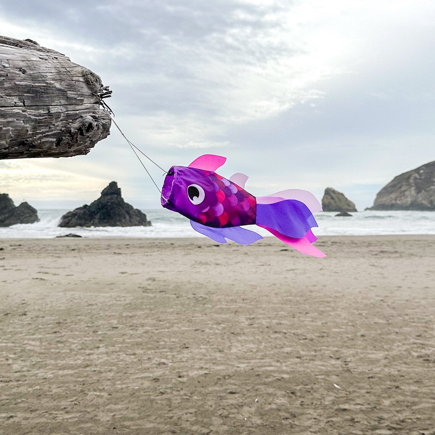 15-inch Lavender Damsel Fish windsock displaying colorful fins fluttering in the breeze against a garden backdrop.