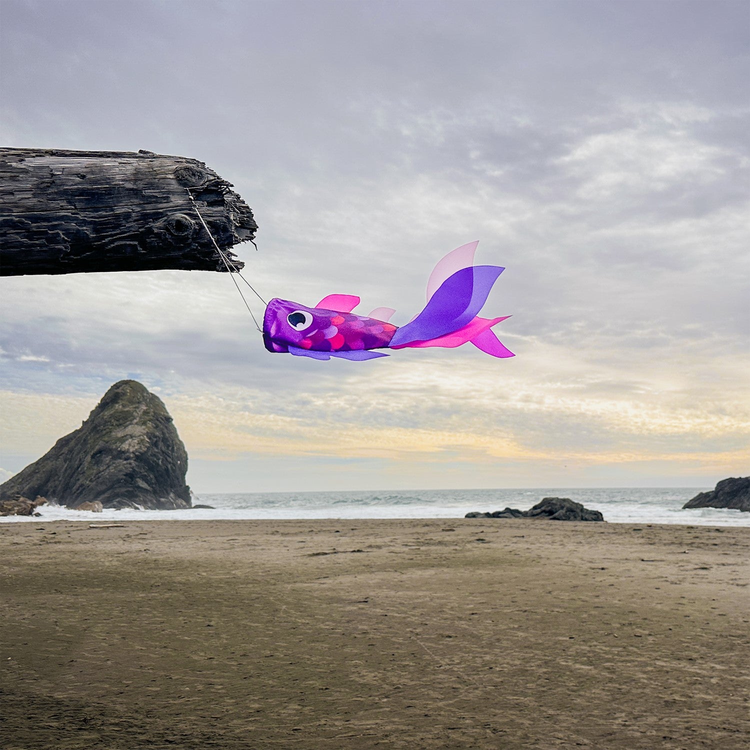 15-inch Lavender Damsel Fish windsock displaying colorful fins fluttering in the breeze against a garden backdrop.
