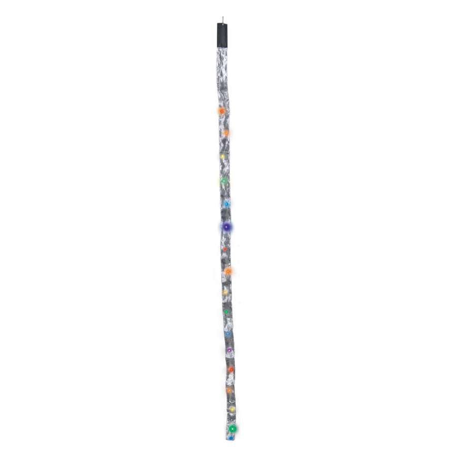 L.E.D. Tail Light - Rainbow showcasing 17 colorful LEDs embedded in silver sheer fabric, lighting up a kite flying in a clear evening sky.