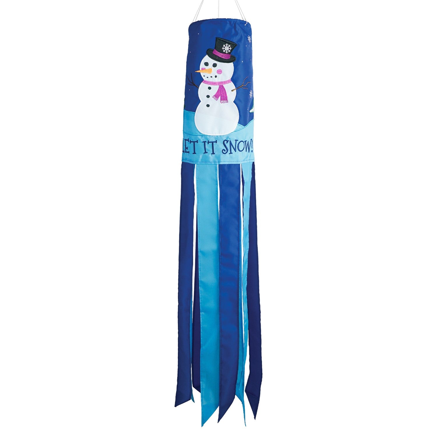 Let It Snow windsock featuring a cheerful snowman design with fluttering tails, perfect for festive winter outdoor decor that adds seasonal charm.