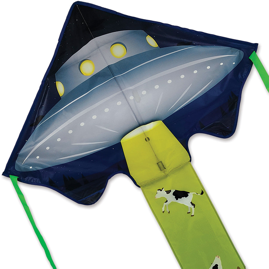Lg. Easy Flyer Kite in UFO design measuring 46x90 inches, featuring a playful theme, soaring high in a blue sky with clouds.