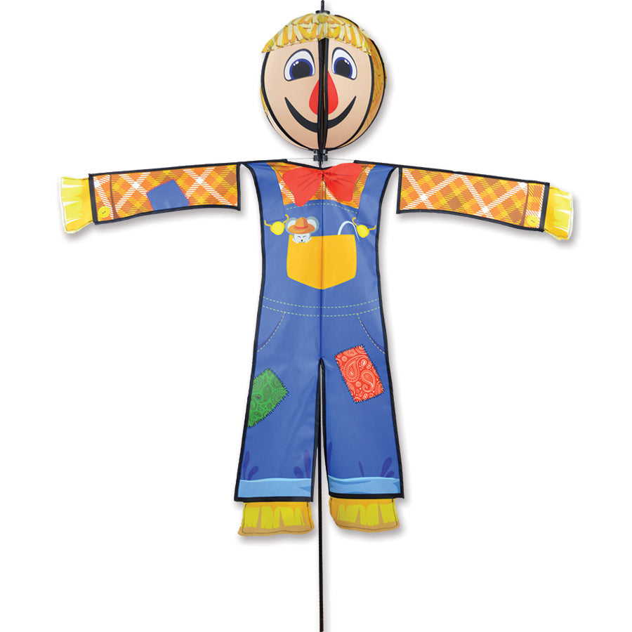 Lg. Spinning Friend - Scarecrow Roy outdoor Halloween decoration with a spinning head, showcasing colorful design in a festive yard setting.