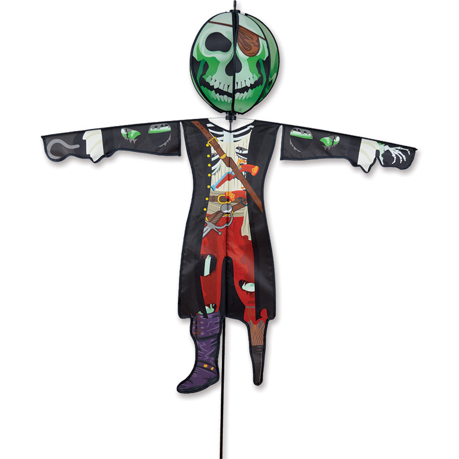 Lg. Spinning Friend - Undead Pirate with a colorful, spinning head, installed outdoors on a sturdy stake for a lively Halloween decoration.