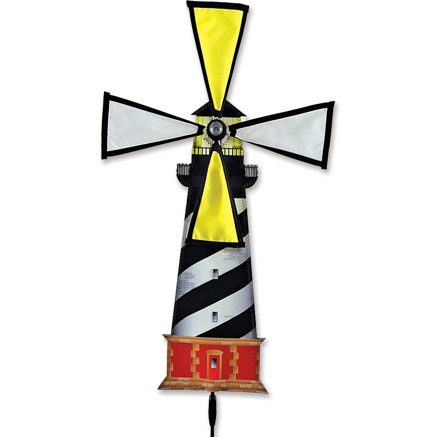 Visualize the Lighthouse Spinner - Hatteras in your garden, featuring colorful, vibrant wings made from durable polyester fabric, spinning gracefully in the gentle breeze.