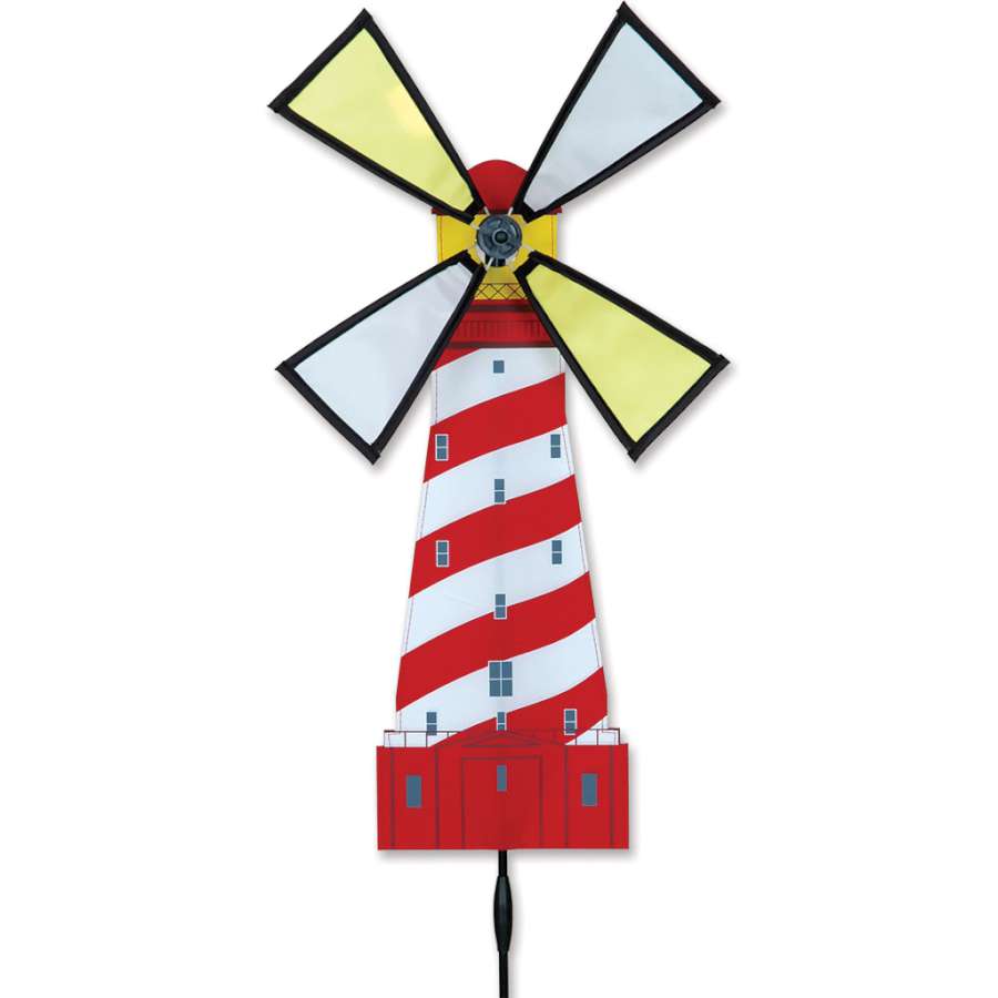 Lighthouse Spinner - White Shoal displayed in a garden, featuring vibrant colors and durable spinning wings, adding whimsy to outdoor spaces.