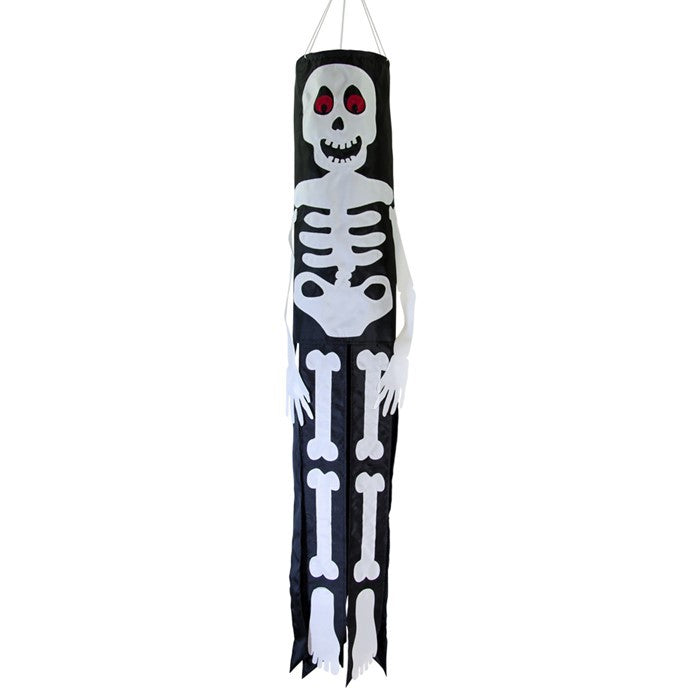 Lil' Bones Skeleton 3D windsock, 40 inches long, featuring playful applique skeleton bones and vibrant fluttering tails against a backdrop of blue sky.
