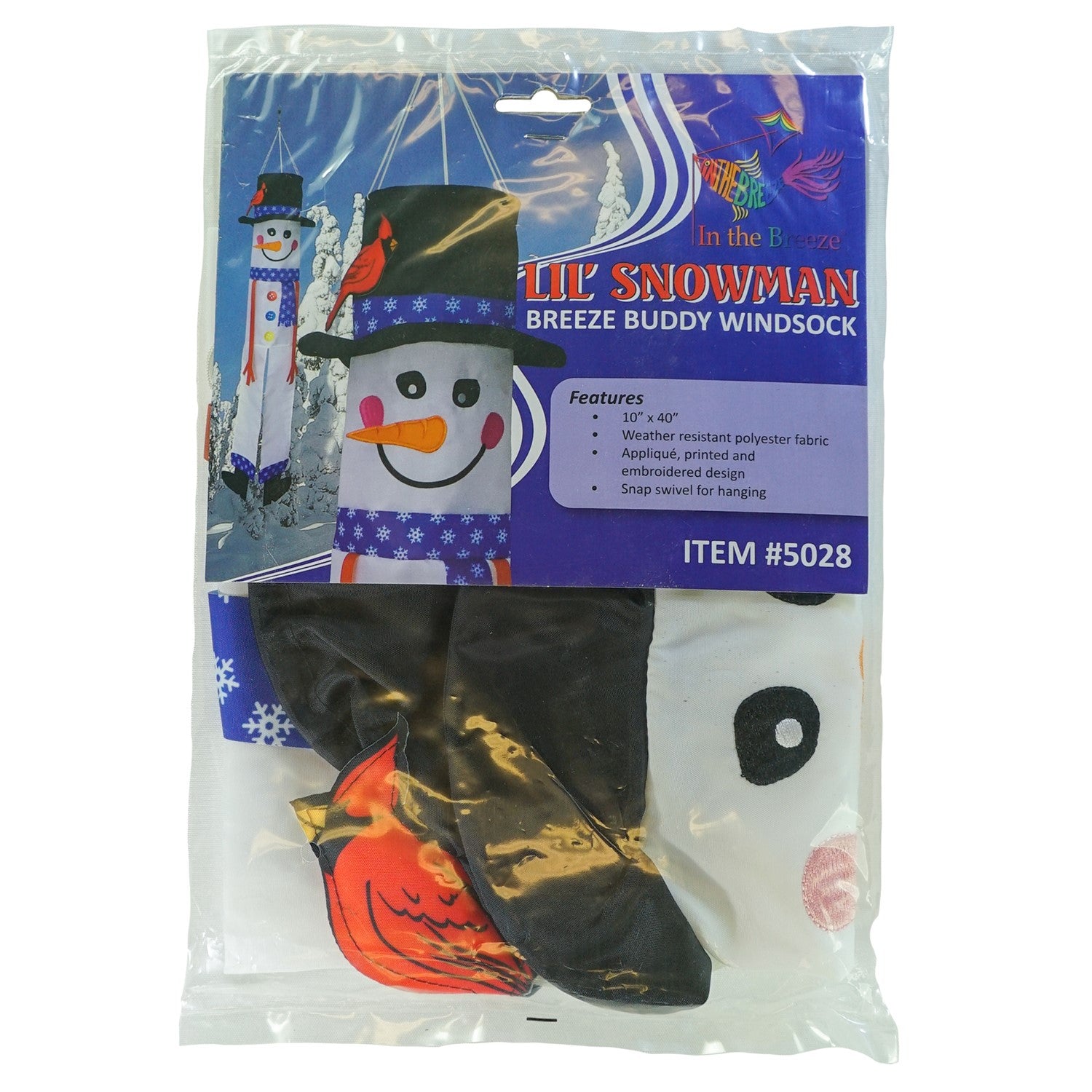 Lil' Snowman 3D 40-inch windsock with a playful snowman design and colorful tails, hanging outdoors in a winter setting.