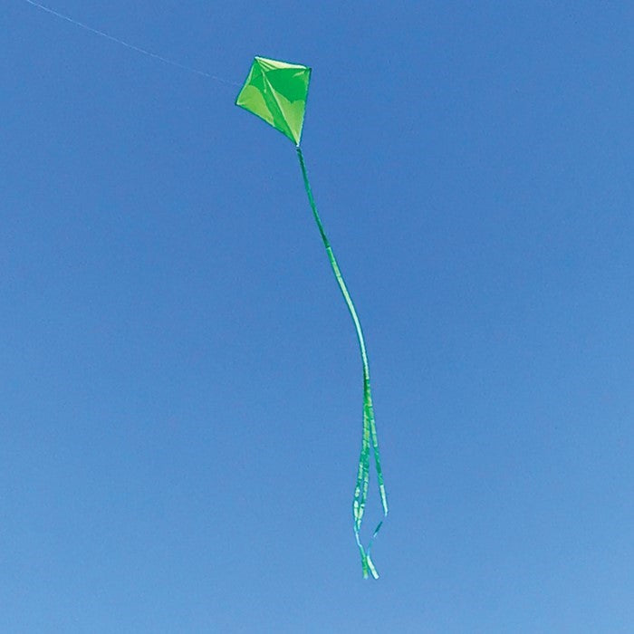 Vibrant Lime Colorfly 30" Diamond Kite soaring in a clear blue sky, with three colorful tails fluttering behind it.