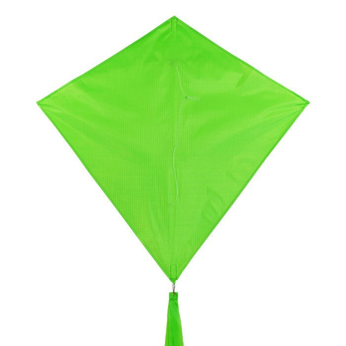 Vibrant Lime Colorfly 30" Diamond Kite soaring in a clear blue sky, with three colorful tails fluttering behind it.