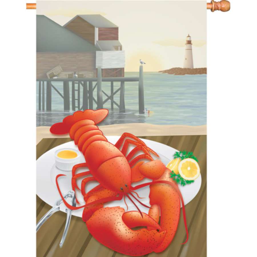 Vibrant 28 in. Lobster Catch flag showcasing colorful lobster design, displayed on a pole in a sunny outdoor setting.