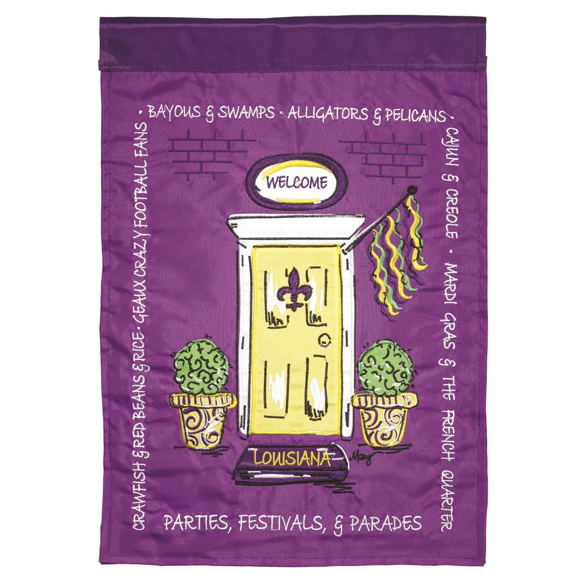 Louisiana Frontdoor Garden Flag featuring vibrant design with Cajun themes, displayed on a flagpole in a garden setting.