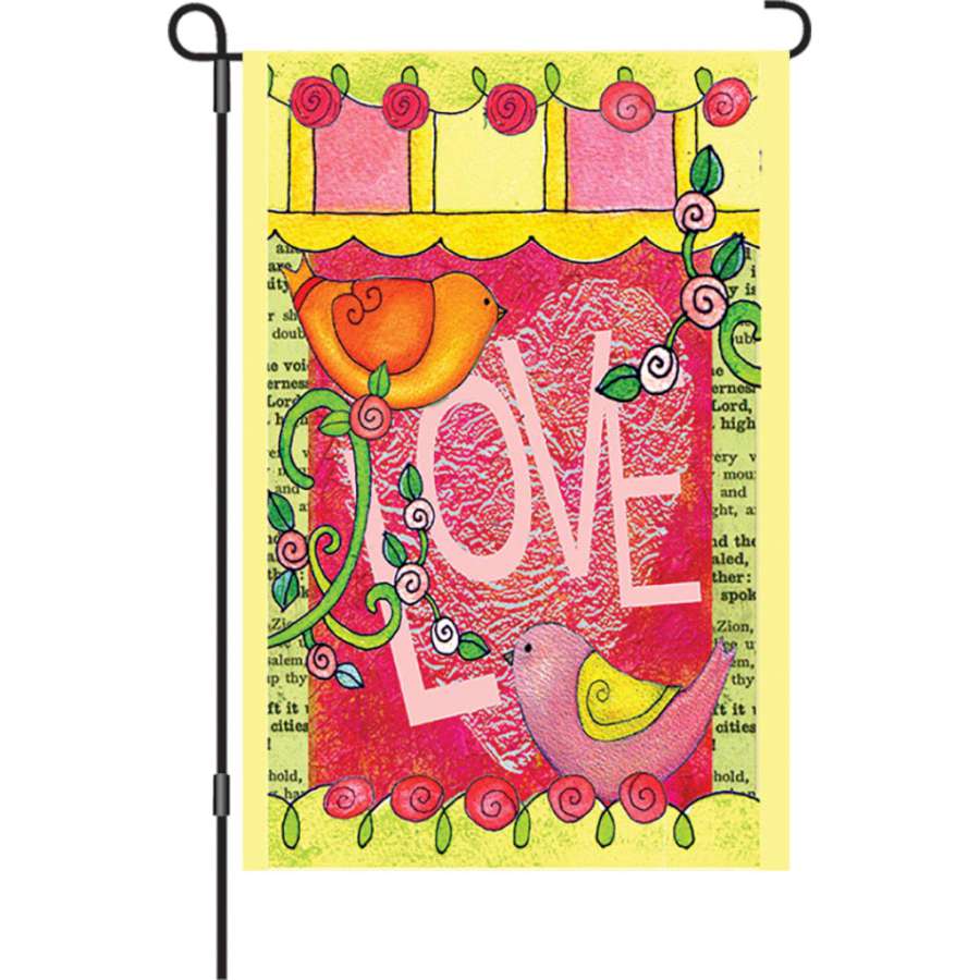 12 in. Love Always garden flag made of PremierSoft fabric displayed outdoors, featuring vibrant colors and double-sided design with the word 'LOVE.'