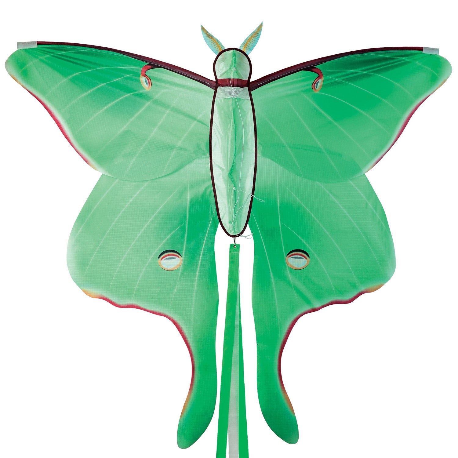 Luna Moth Kite in vibrant colors soaring in the sky with flowing tails, perfect for outdoor play and garden use.