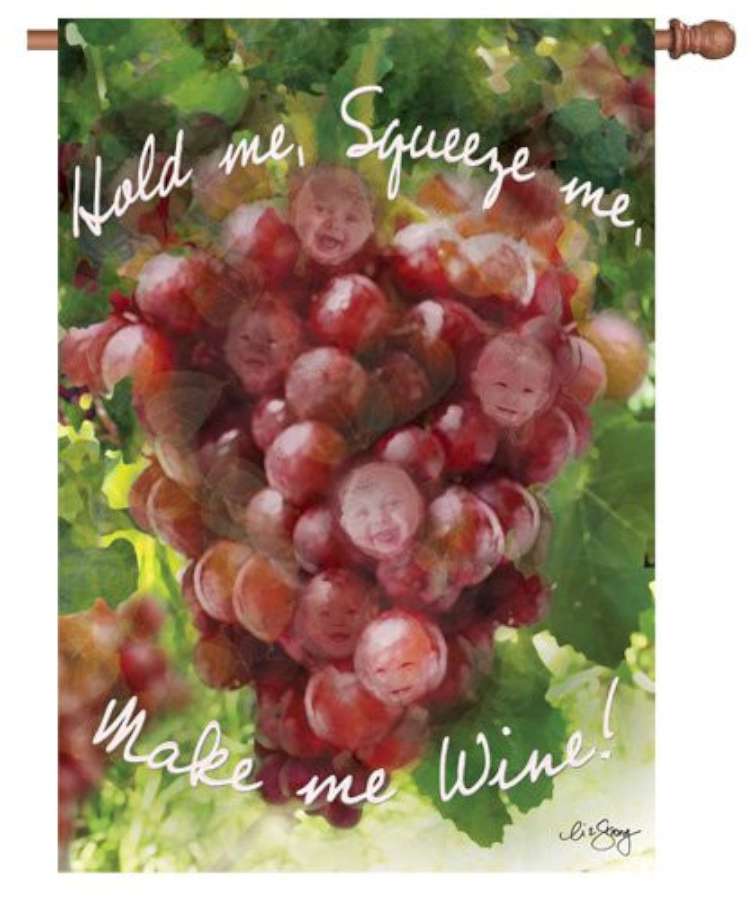 28 in. house flag featuring colorful 'Make Me Wine' text, displayed on an outdoor pole with a lush green garden background.