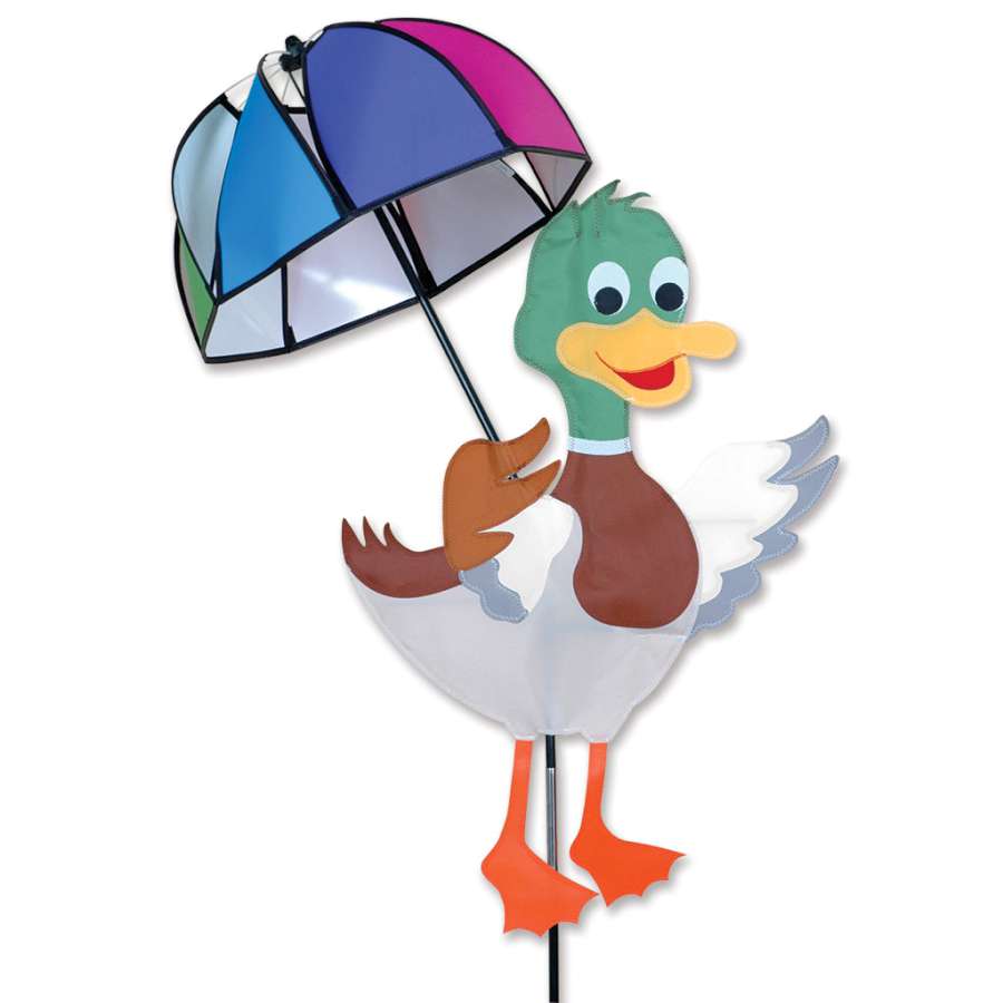 Mallard Umbrella Spinner displaying vibrant mallard design rotating gracefully in a lush garden setting.