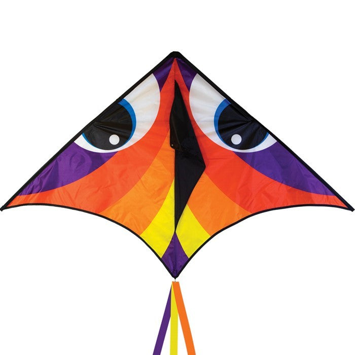 Vibrant Manu Red 72-inch Delta Kite soaring against a clear blue sky, complete with colorful accents and a 12-foot streamer tail.