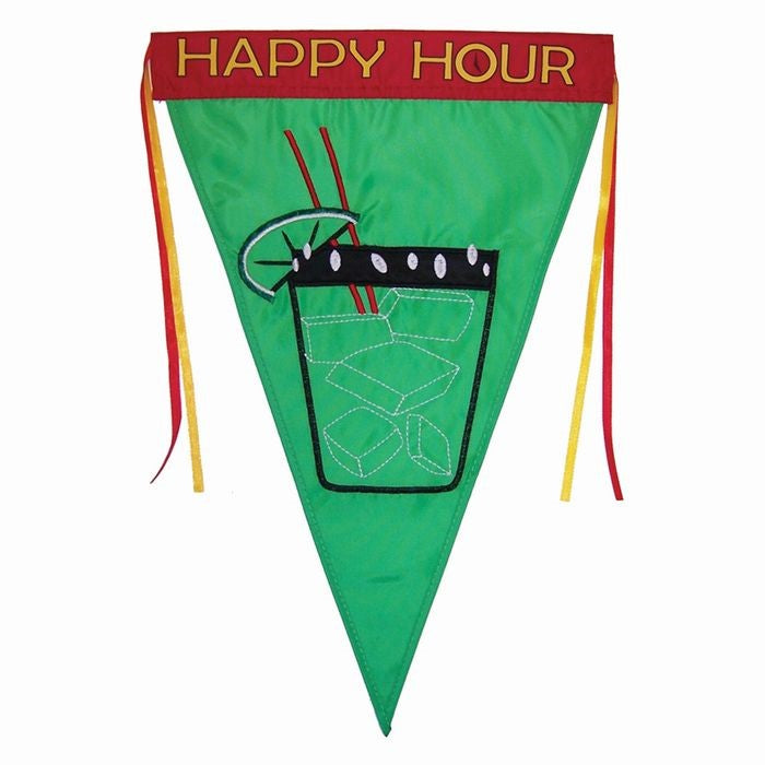 Margarita Pennant Garden Flag featuring a colorful margarita and 'Happy Hour' text displayed in an outdoor garden setting.