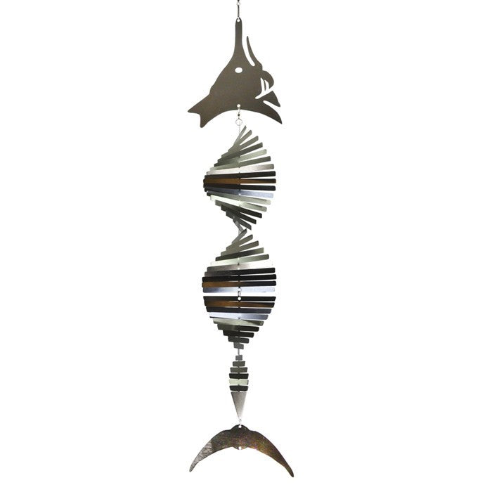 Visually striking Marlin Shimmer Helix Spinner with a helix design and reflective shimmering effect, crafted from durable stainless steel, elegantly displayed outdoors.