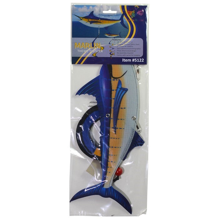 Marlin Theme Twister outdoor spinner with colorful marlin design, featuring attached swirl tail, gently spinning in a breezy outdoor setting.