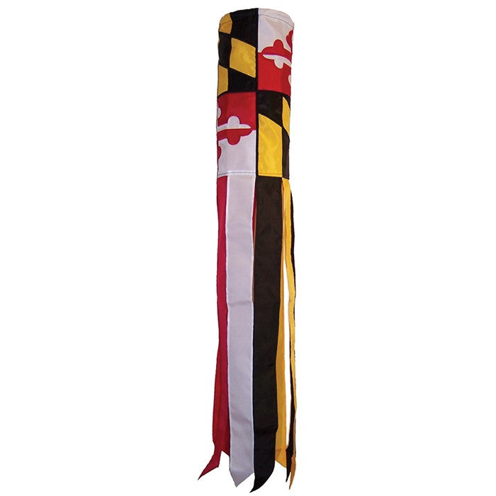 Maryland 40-inch windsock with bright colors and detailed appliqued graphics, fluttering in the wind, hanging from a garden pole.