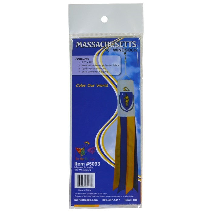 Massachusetts 18-inch windsock displaying bright colors and coordinating tails fluttering in the breeze, perfect for outdoor decor.