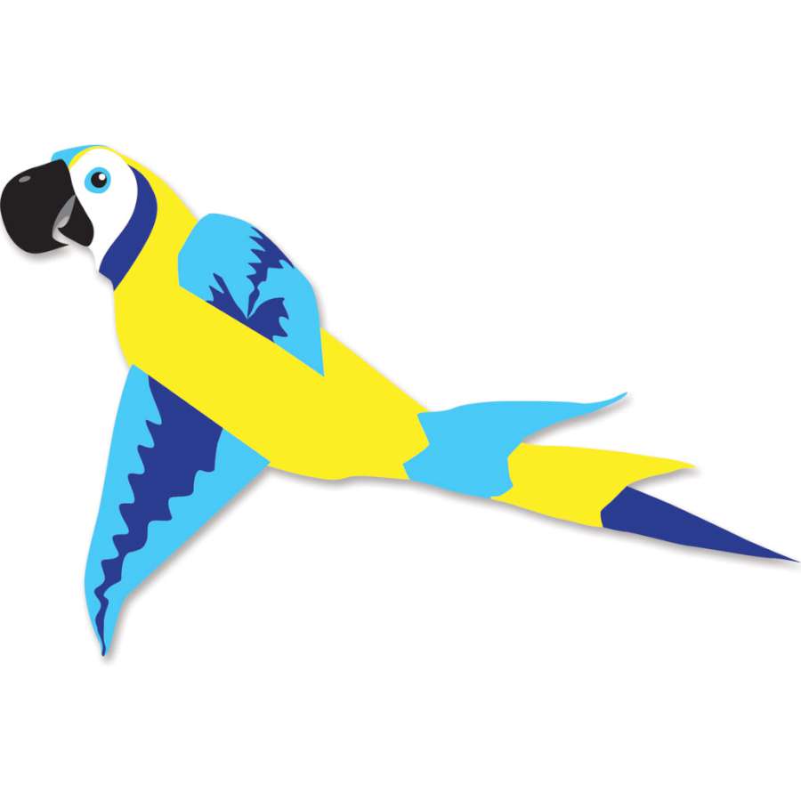Mega Macaw Kite in blue and yellow colors, measuring 16 x 18 feet, soaring gracefully in the sky above a park.
