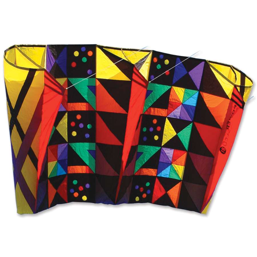 Mega Power Sled 81 Kite with vibrant colors flying in a clear blue sky, measuring 178x83 inches, designed by Barbara Meyer.