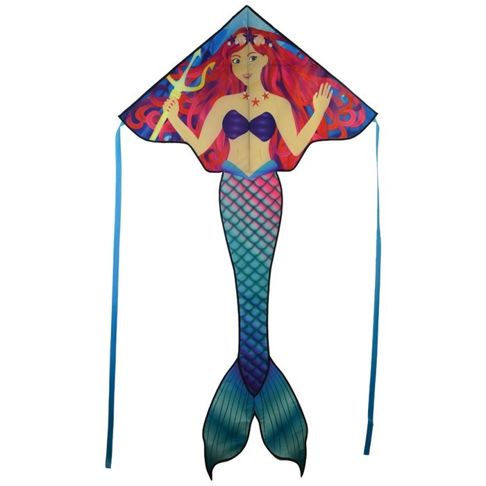 Mermaid 45' Fly-Hi Kite soaring in the blue sky with vibrant design and colorful streamer tails in a family-friendly outdoor setting.