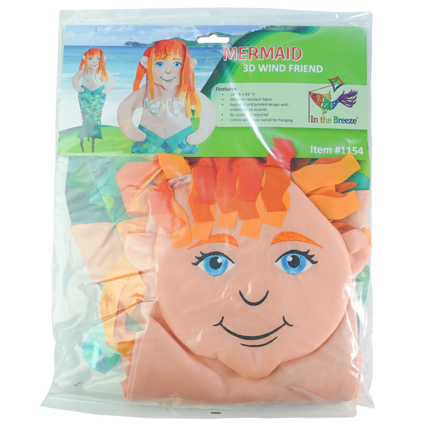 Mermaid Wind Friend 3D hanging decor displayed outdoors, featuring detailed embroidery and vibrant colors fluttering in the breeze.