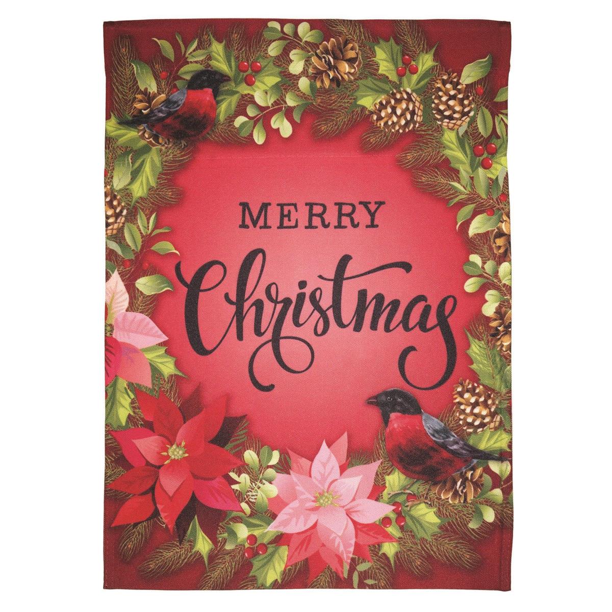 Merry Christmas Birds garden flag displaying colorful birds among festive greenery, designed for outdoor holiday decoration in a garden setting.
