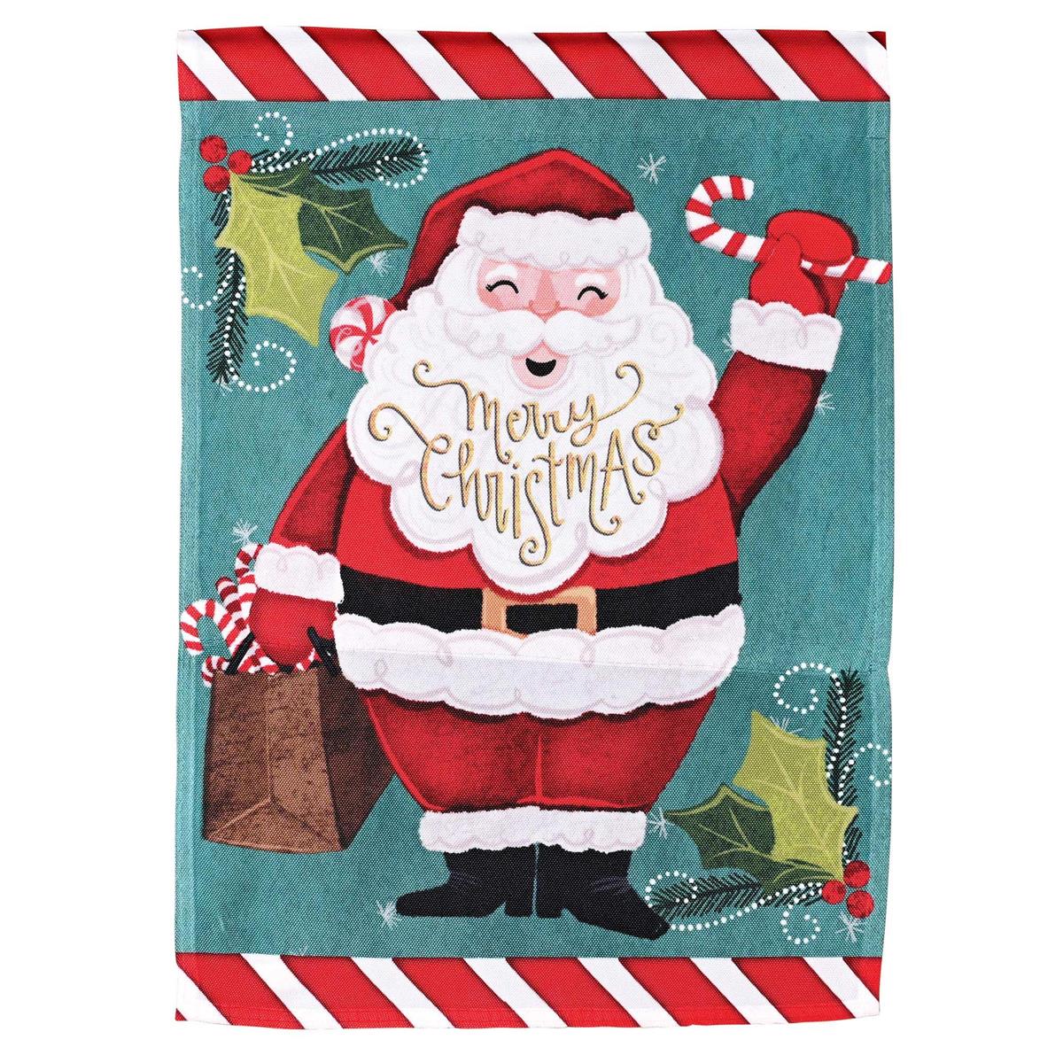 Merry Christmas Santa Garden Flag measuring 13 x 18 inches, featuring a cheerful Santa Claus design, displayed in a festive garden setting.