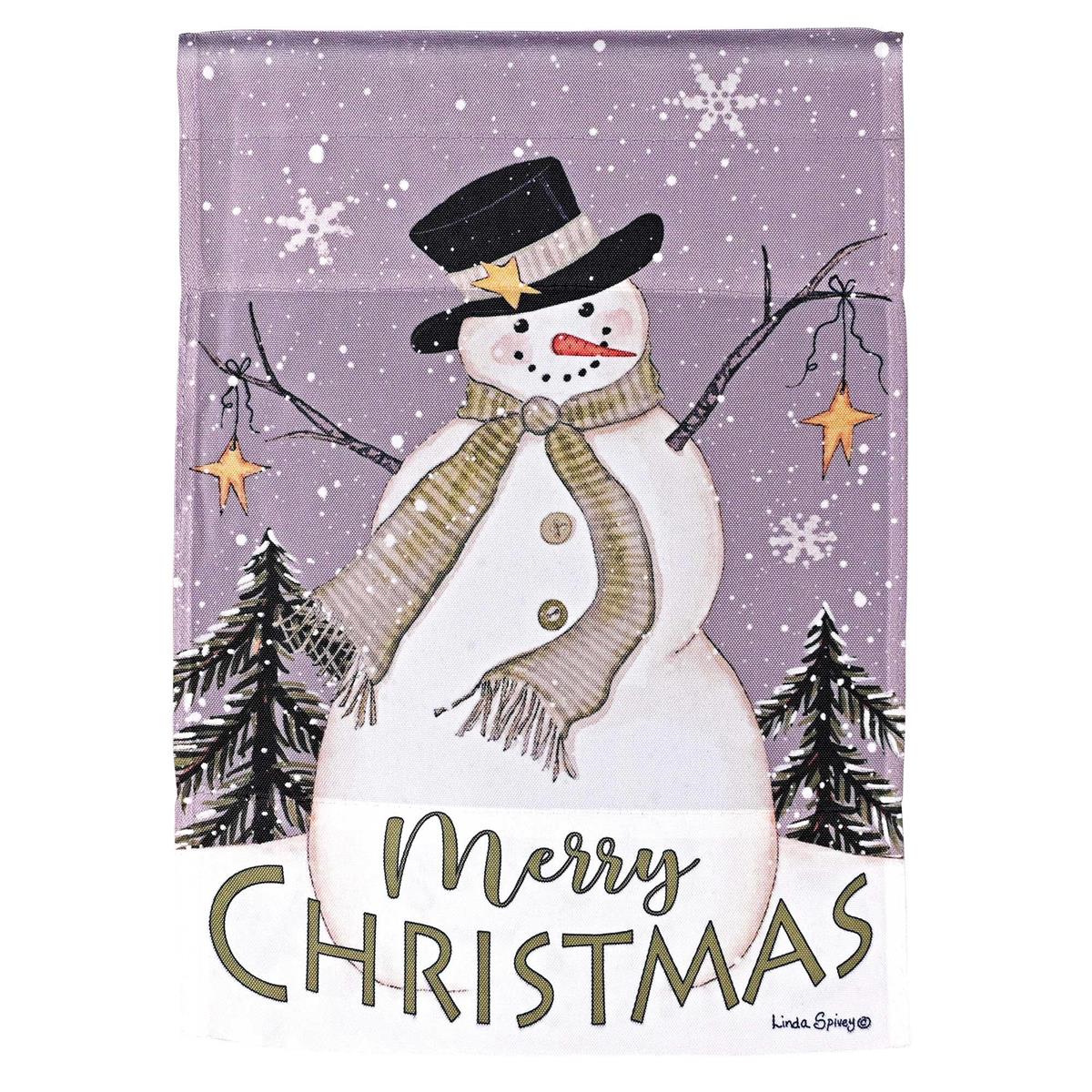 Merry Christmas Snowman Garden Flag featuring a cheerful snowman design on a garden pole, with vibrant colors shining through in daylight.