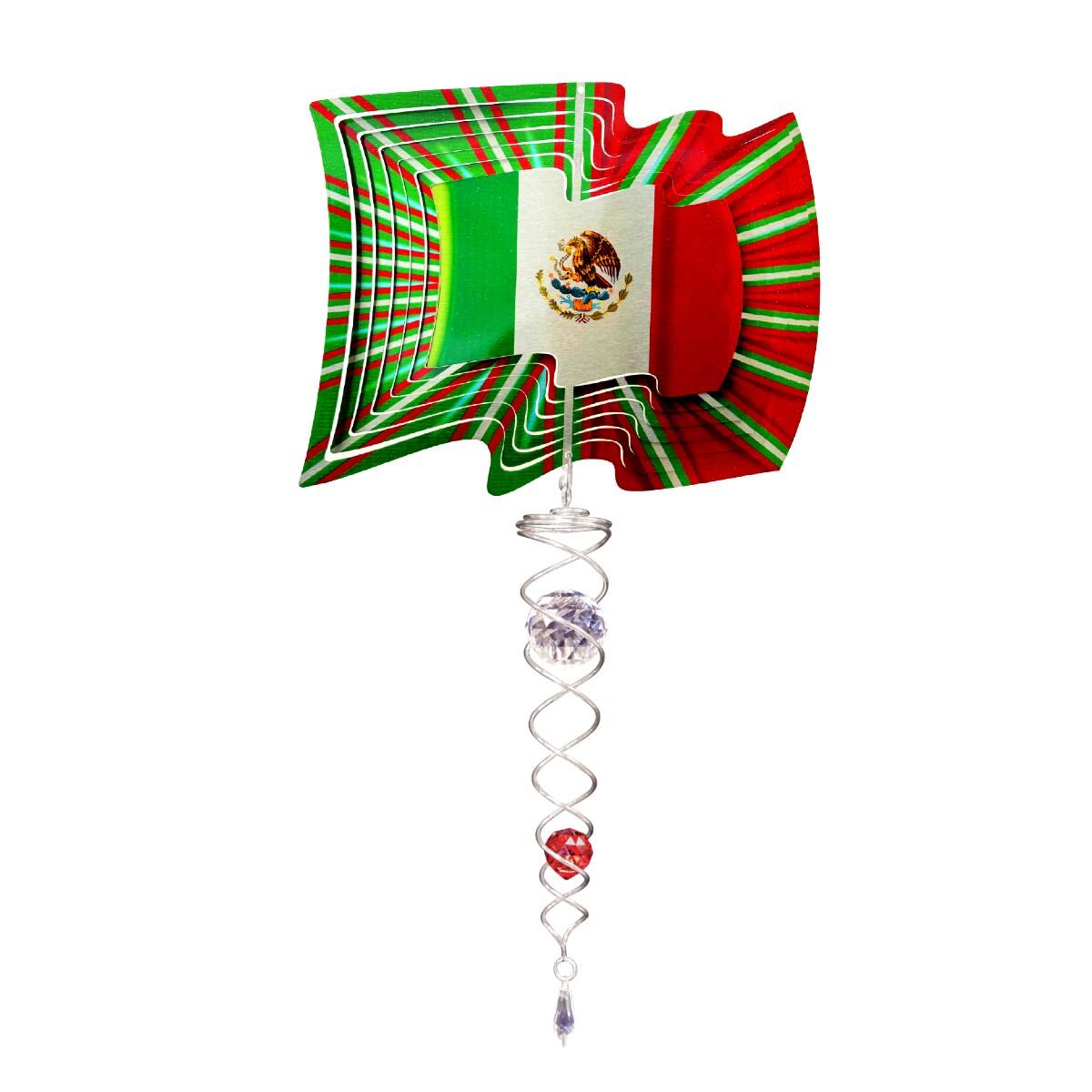 14-inch Mexico Flag wind spinner set with 6.5-inch spinner and 7.5-inch crystal twister displayed in a garden area, turning in the breeze.