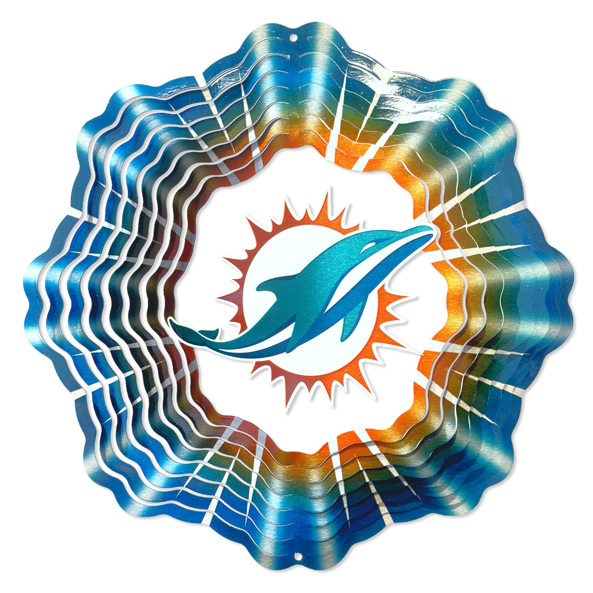 Miami Dolphins wind spinner featuring vibrant team colors and 12-inch size, beautifully designed for captivating motion in any space.