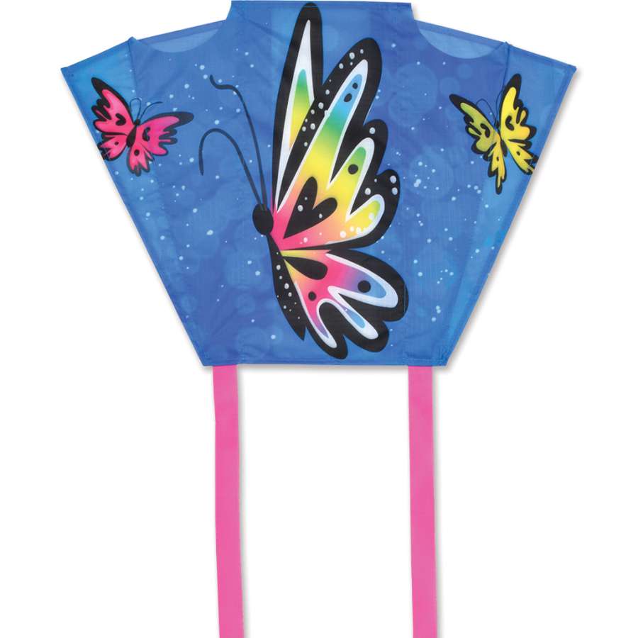 Mini Backpack Sled Kite in Butterfly Sparkle design, measuring 18 x 12.75 inches, displayed in its colorful miniature backpack.