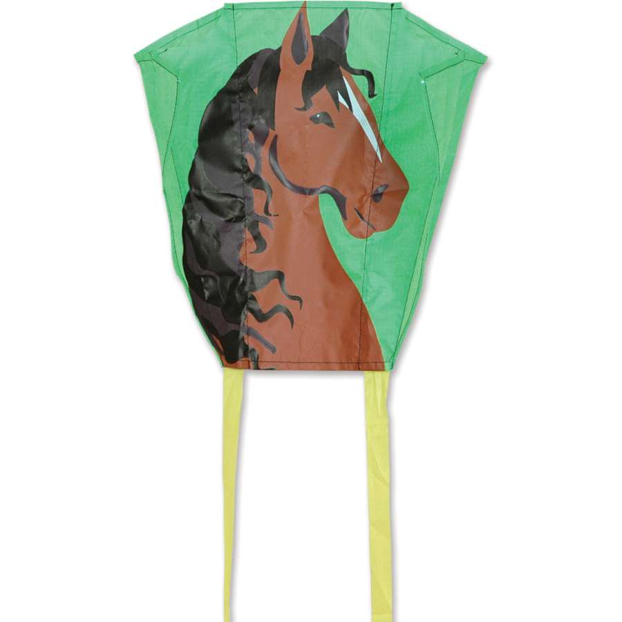 The Mini Backpack Sled Kite - Horse features a colorful horse design, displayed outdoors against a blue sky, packed in a miniature backpack.