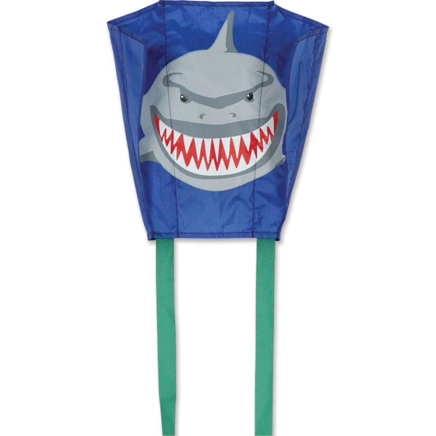 Mini Backpack Sled Kite - Shark design, lightweight and colorful kite displayed in a park setting, perfect for kids aged 5 and up.