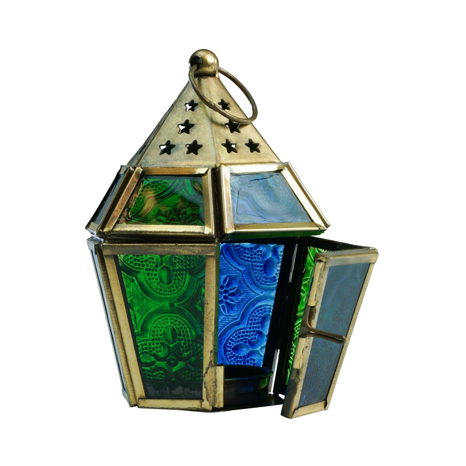 Mini Blue & Green Hex Glass Tealight Lantern with textured glass and brass accents hanging in an outdoor setting, radiating warm candlelight.